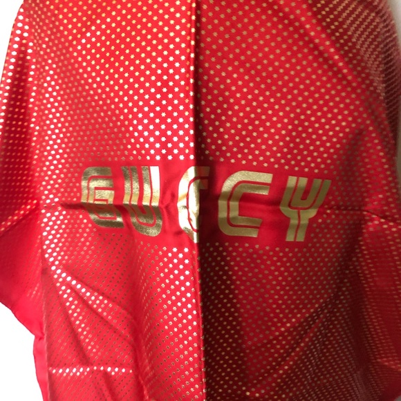Gucci Red Silk Scarf with Gold Star Print and “GUCCY” Logo - Picture 9 of 10